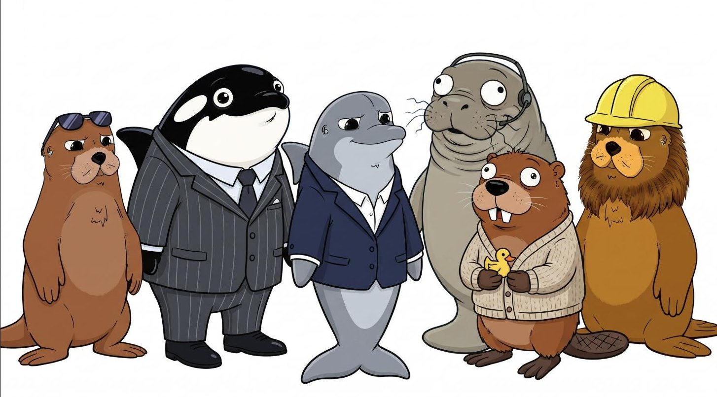 The Sea Suite executive team in a row: a sea otter, an orca in pinstripes, a dolphin in a navy blazer, a manatee in a cardigan with a rubber duck, a beaver in a hard hat and a sea lion with sunglasses